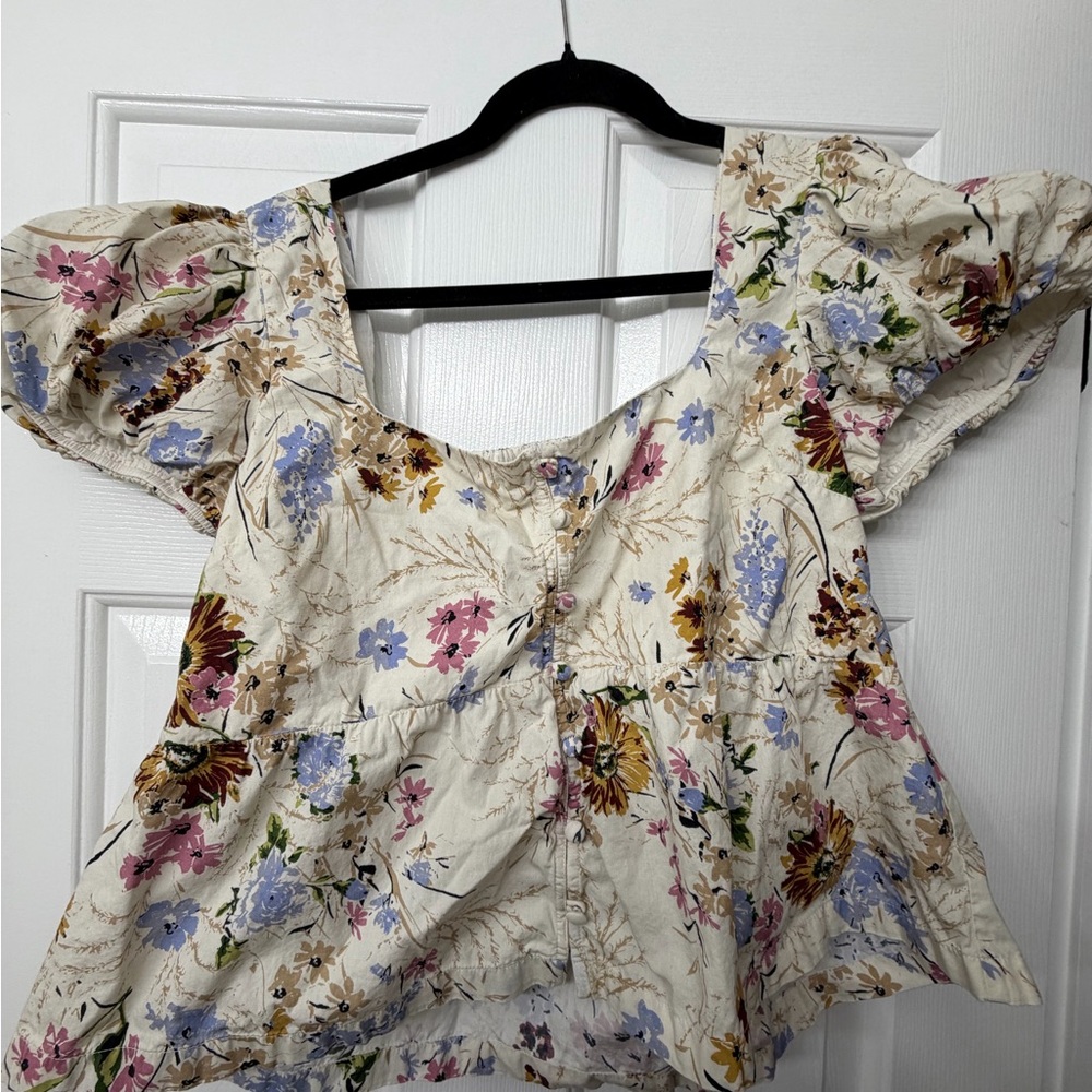 Anthropologie Floral Puff Sleeve Blouse - Cream, Pink, Blue